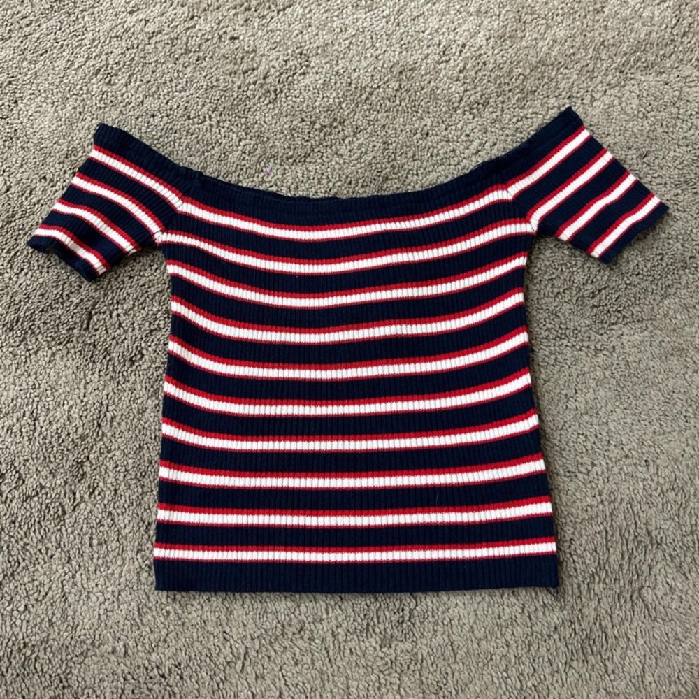 Otherwild Navy and Red Striped Off-Shoulder Blouse